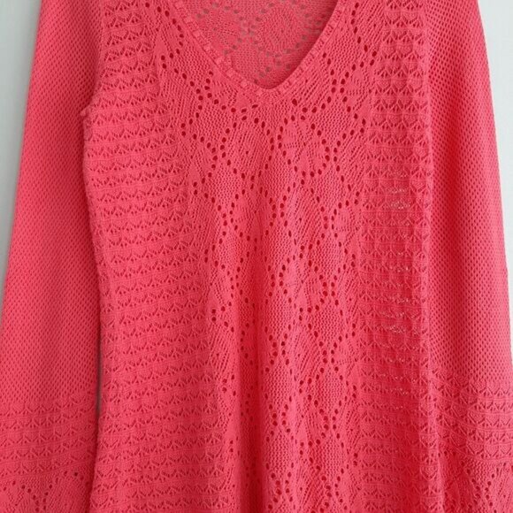 LILLY PULITZER / Pom-Pom Trim V-Neck Knit / Crochet Tunic Top Bright Pink Sz M - Picture 3 of 16